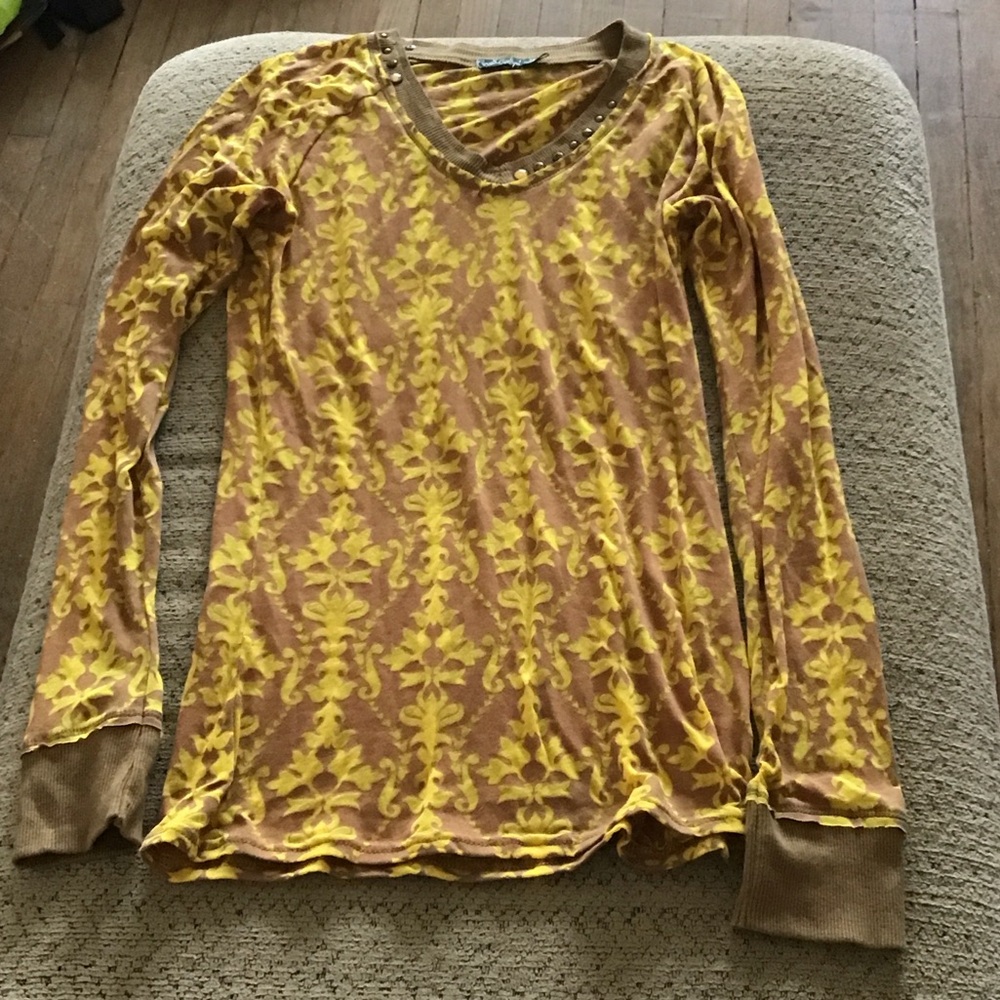 Cruel Girl Yellow and Brown Sheer Long Sleeve Blouse
